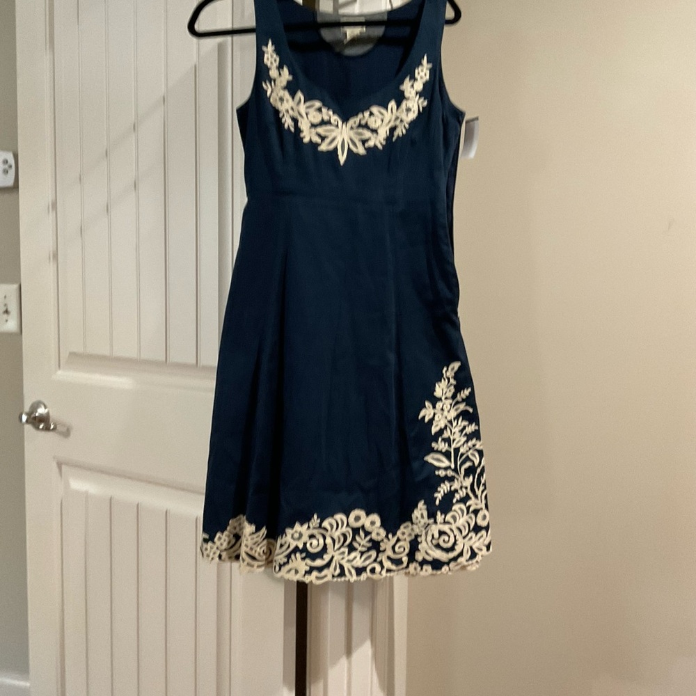 Navy Sleeveless Mini Dress with Cream Embroidered Accents